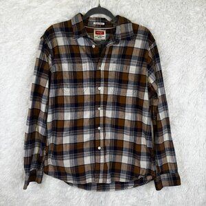 Wrangler Flex For Comfort Flannel Shirt Plaid Gold Black Sz L